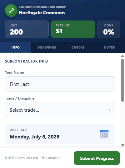 Field portal on a phone showing a single unit checklist and submit button